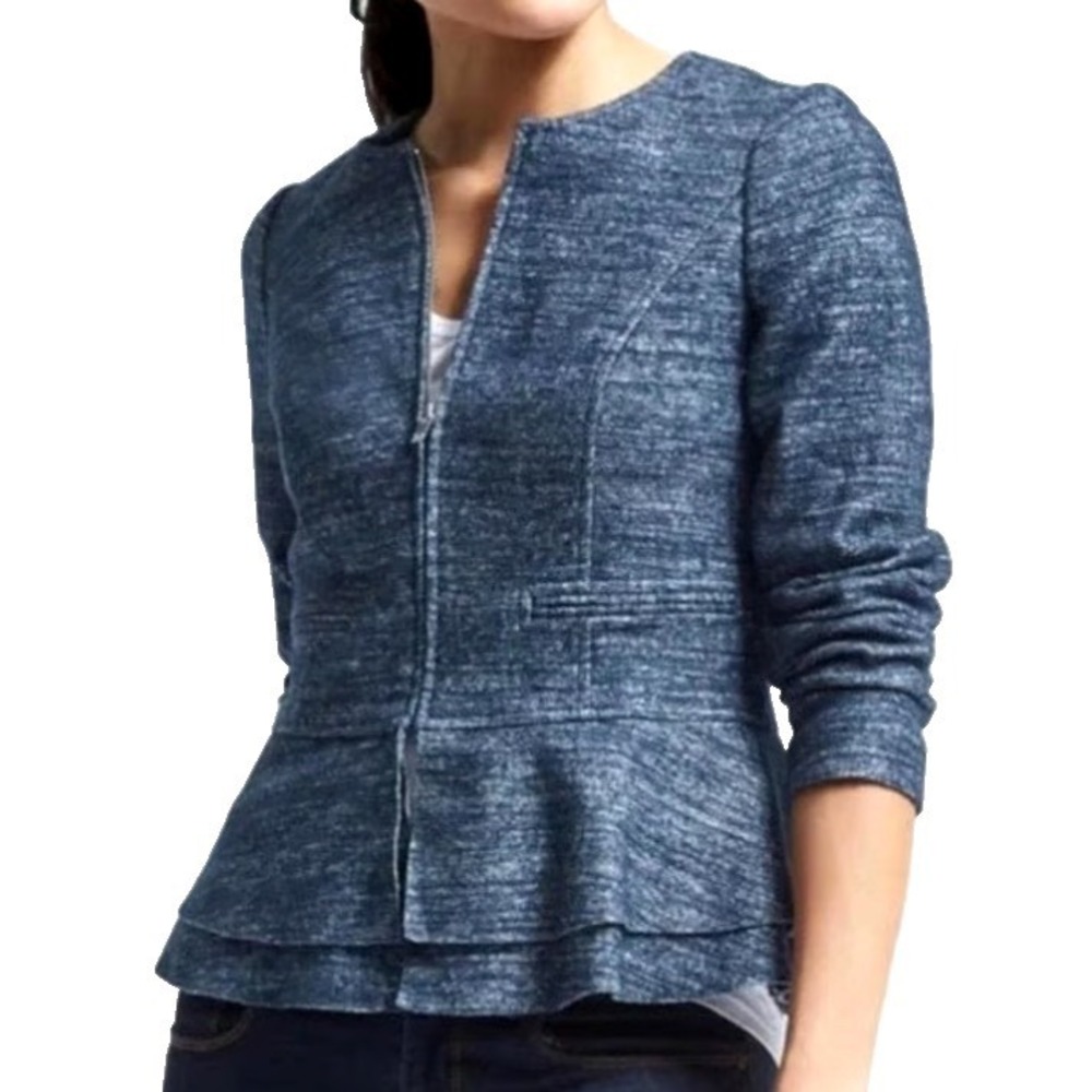 BANANA REPUBLIC Peplum Jacket BLUE SPACE DYE Full Zip Wool Blend Lined Pockets 8